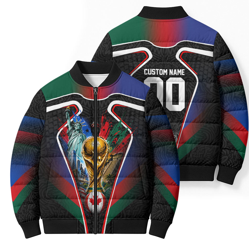 Personalized World Football 2026 Host Nations Bomber Puffer Jacket USA Canada Mexico Soccer Trophy
