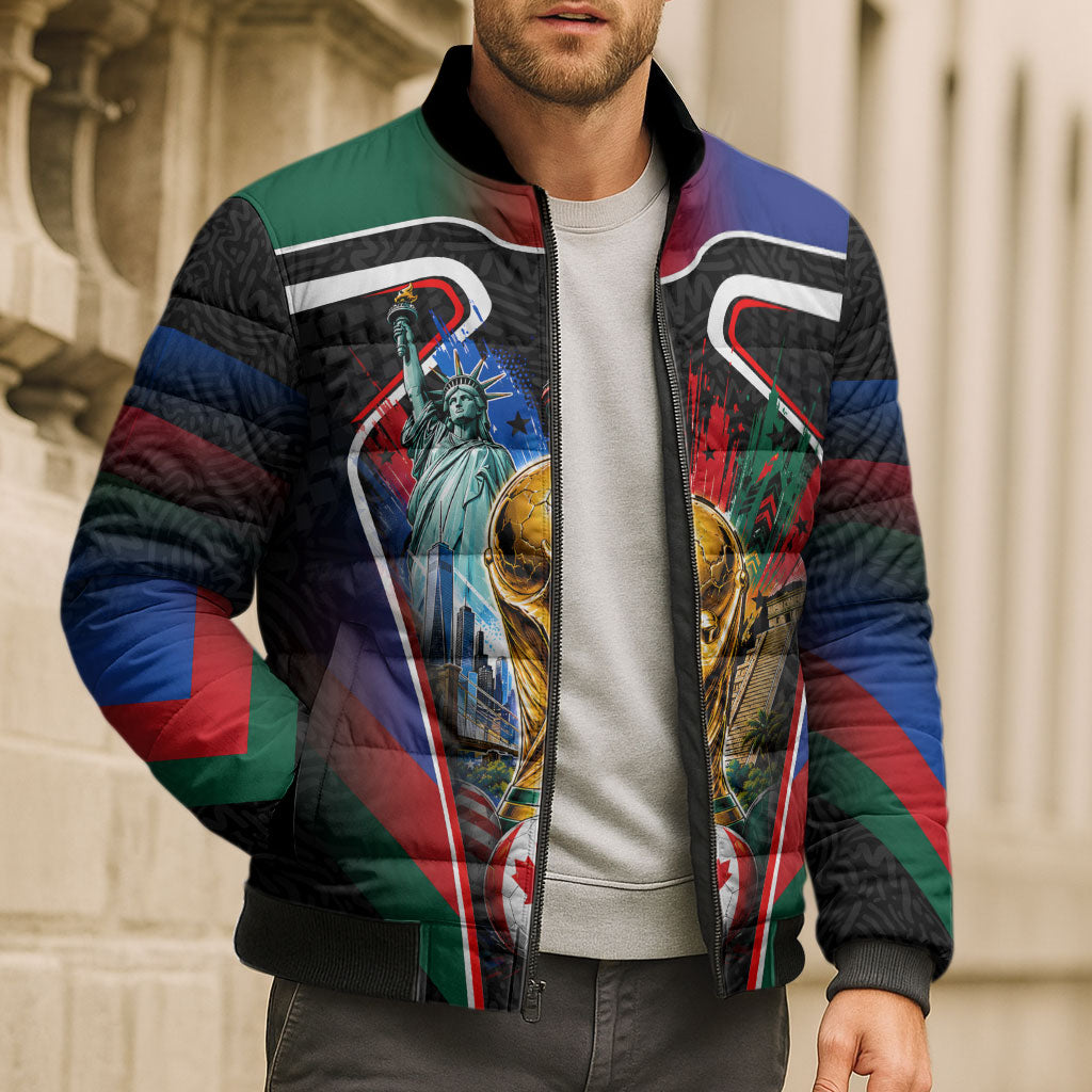 Personalized World Football 2026 Host Nations Bomber Puffer Jacket USA Canada Mexico Soccer Trophy