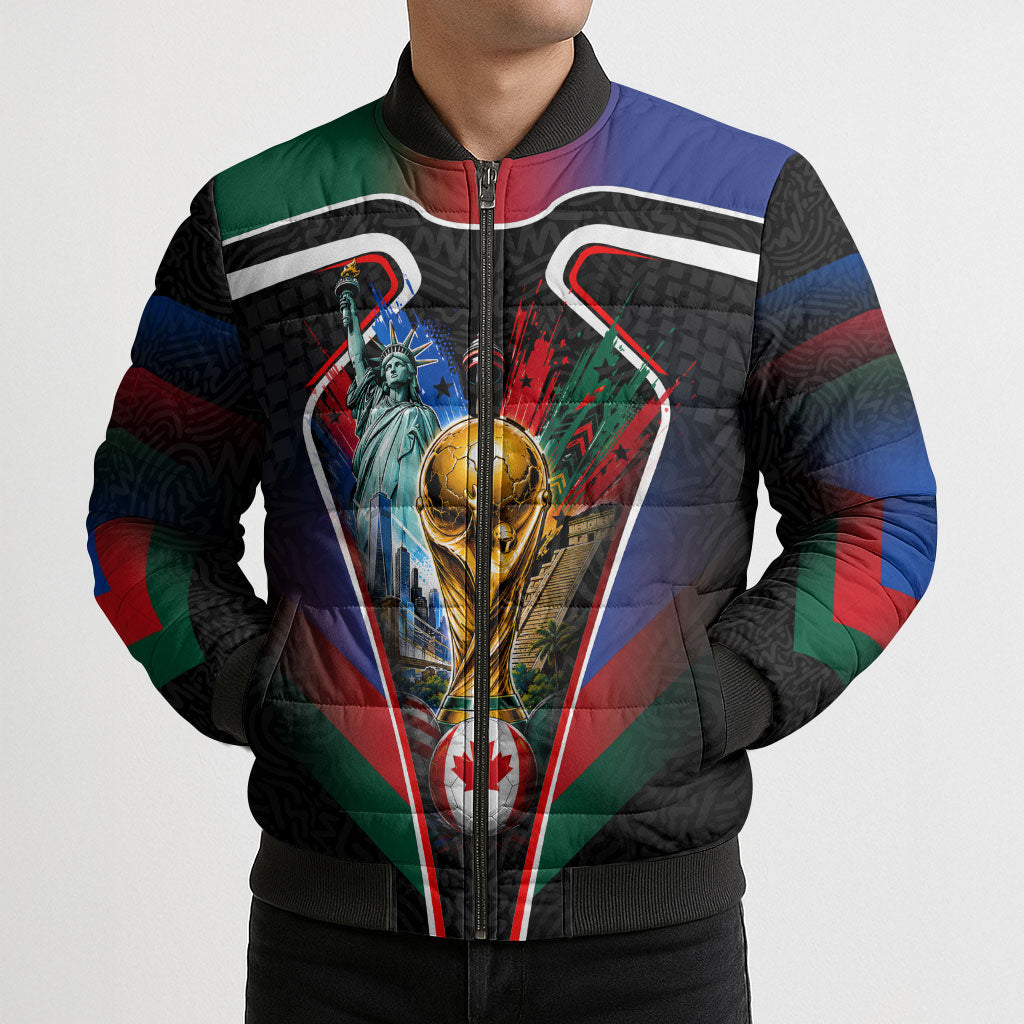 Personalized World Football 2026 Host Nations Bomber Puffer Jacket USA Canada Mexico Soccer Trophy