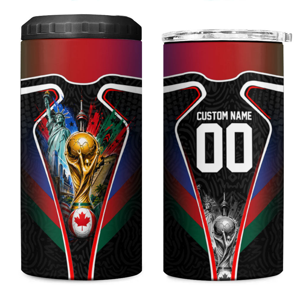 Personalized World Football 2026 Host Nations 4 in 1 Can Cooler Tumbler USA Canada Mexico Soccer Trophy