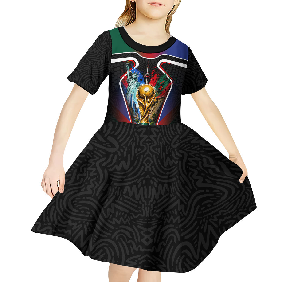 Personalized World Football 2026 Host Nations Kid Short Sleeve Dress USA Canada Mexico Soccer Trophy