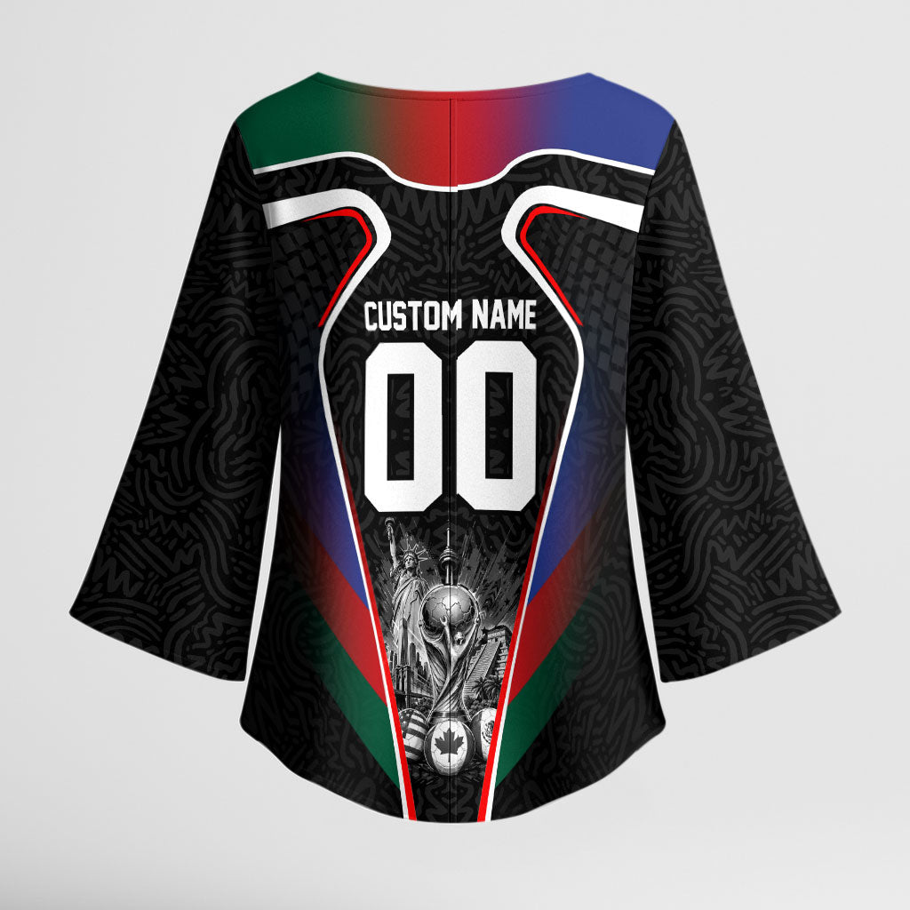 Personalized World Football 2026 Host Nations Kimono Sleeve Blouse USA Canada Mexico Soccer Trophy