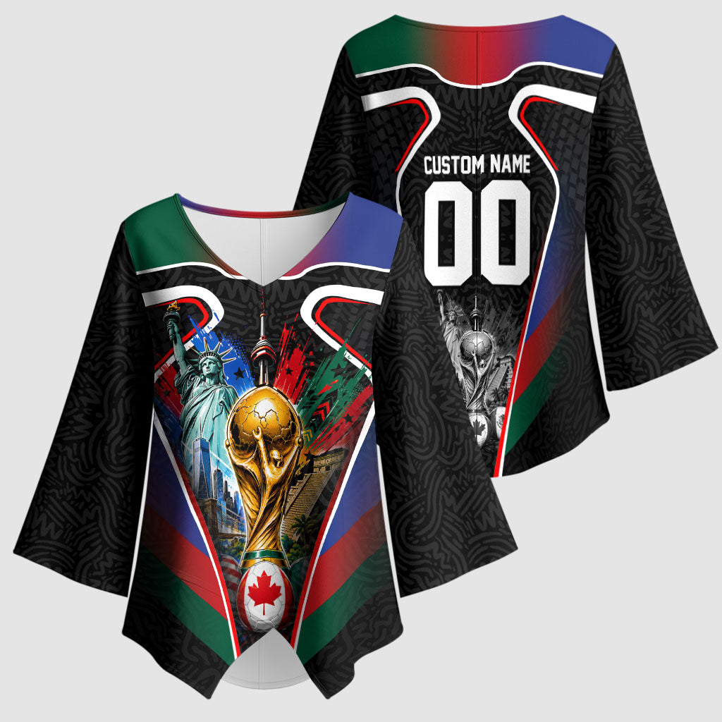Personalized World Football 2026 Host Nations Kimono Sleeve Blouse USA Canada Mexico Soccer Trophy