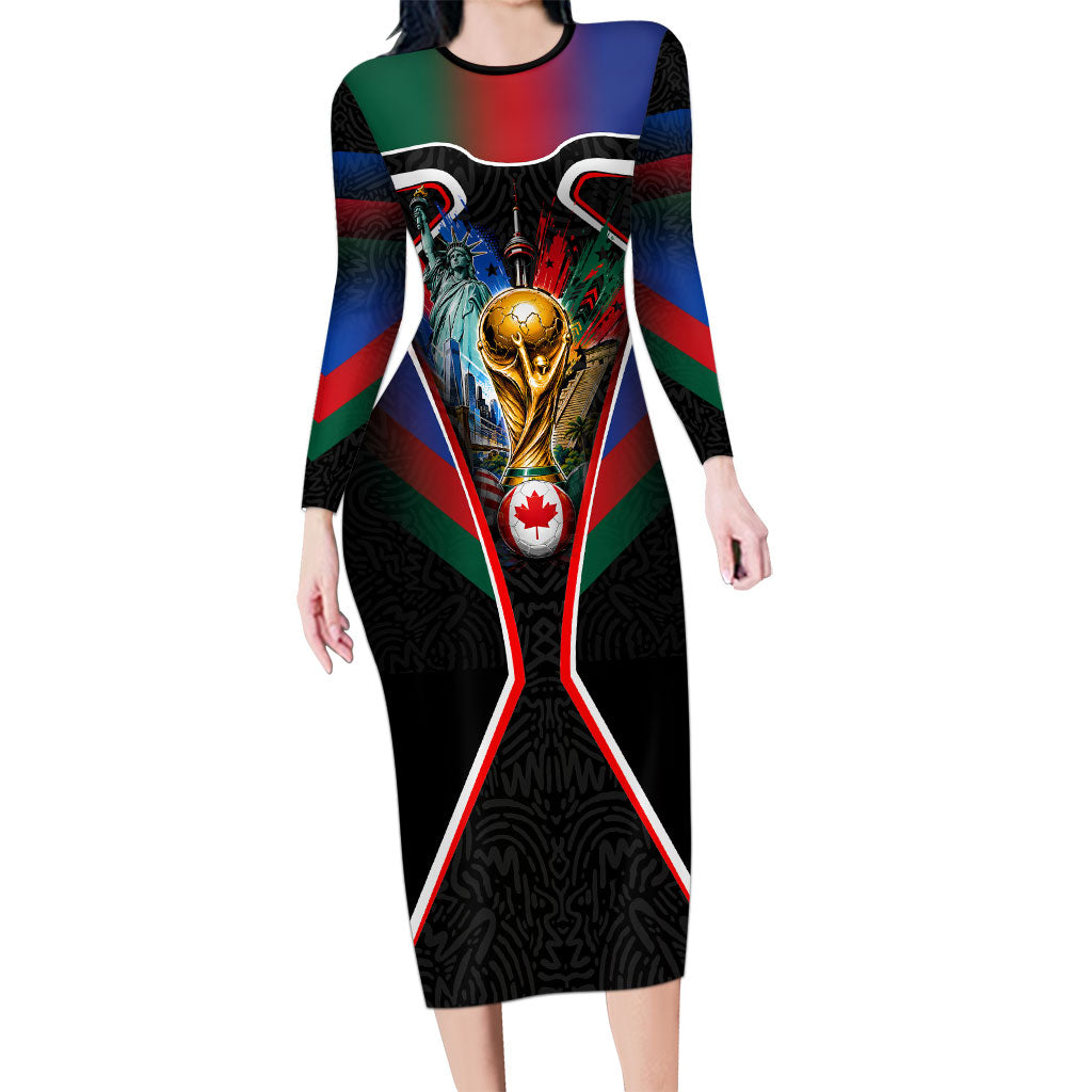 Personalized World Football 2026 Host Nations Long Sleeve Bodycon Dress USA Canada Mexico Soccer Trophy