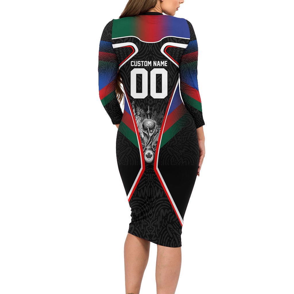 Personalized World Football 2026 Host Nations Long Sleeve Bodycon Dress USA Canada Mexico Soccer Trophy