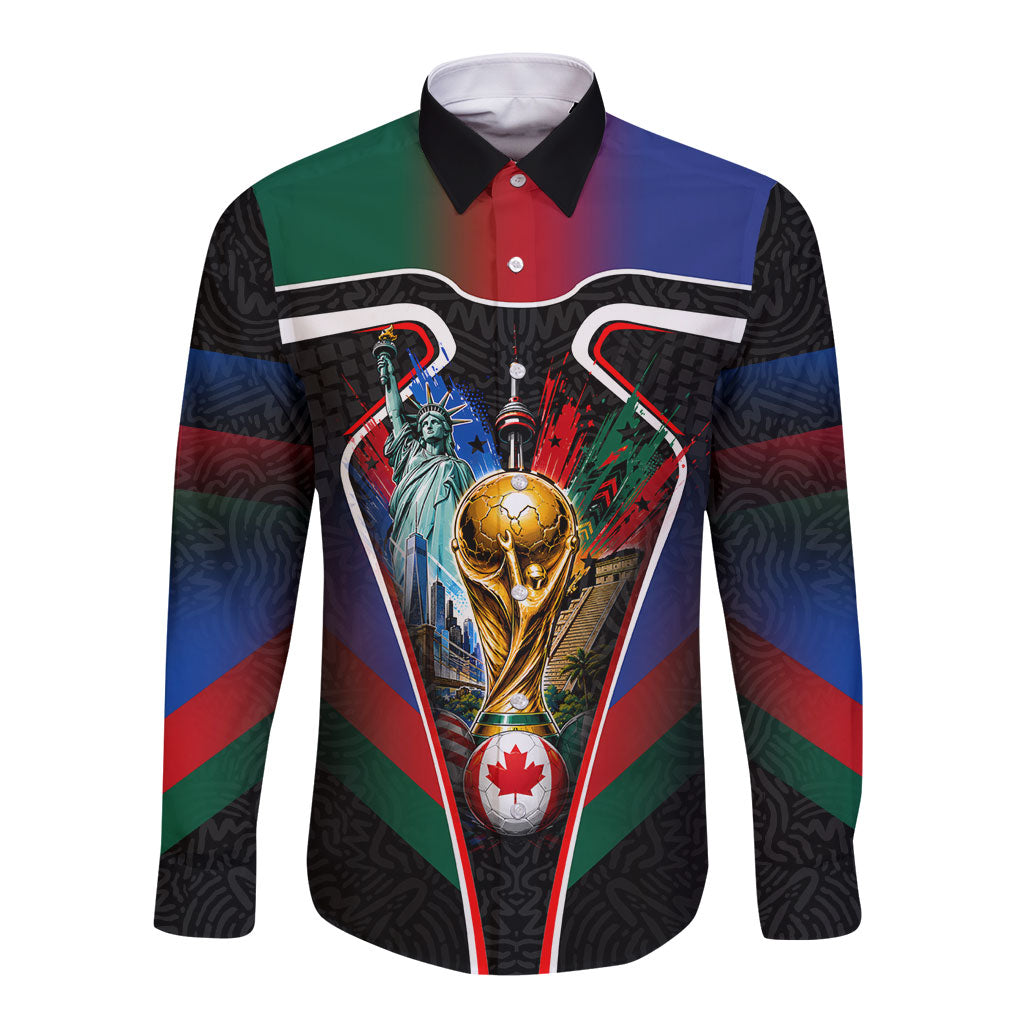 Personalized World Football 2026 Host Nations Long Sleeve Button Shirt USA Canada Mexico Soccer Trophy