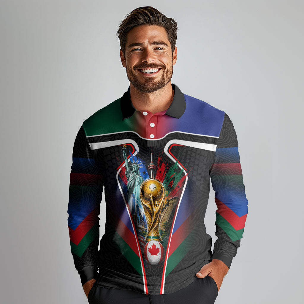 Personalized World Football 2026 Host Nations Long Sleeve Polo Shirt USA Canada Mexico Soccer Trophy