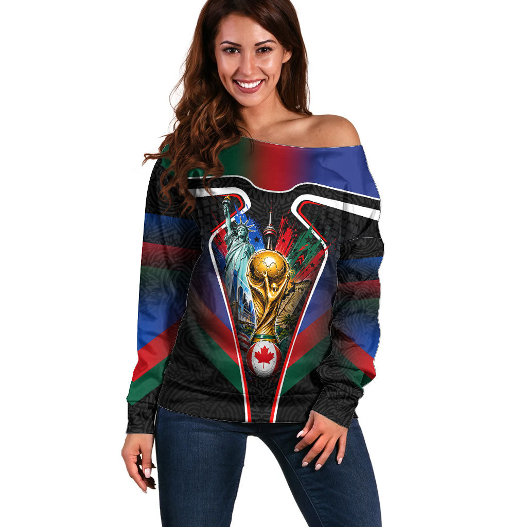 Personalized World Football 2026 Host Nations Off Shoulder Sweater USA Canada Mexico Soccer Trophy