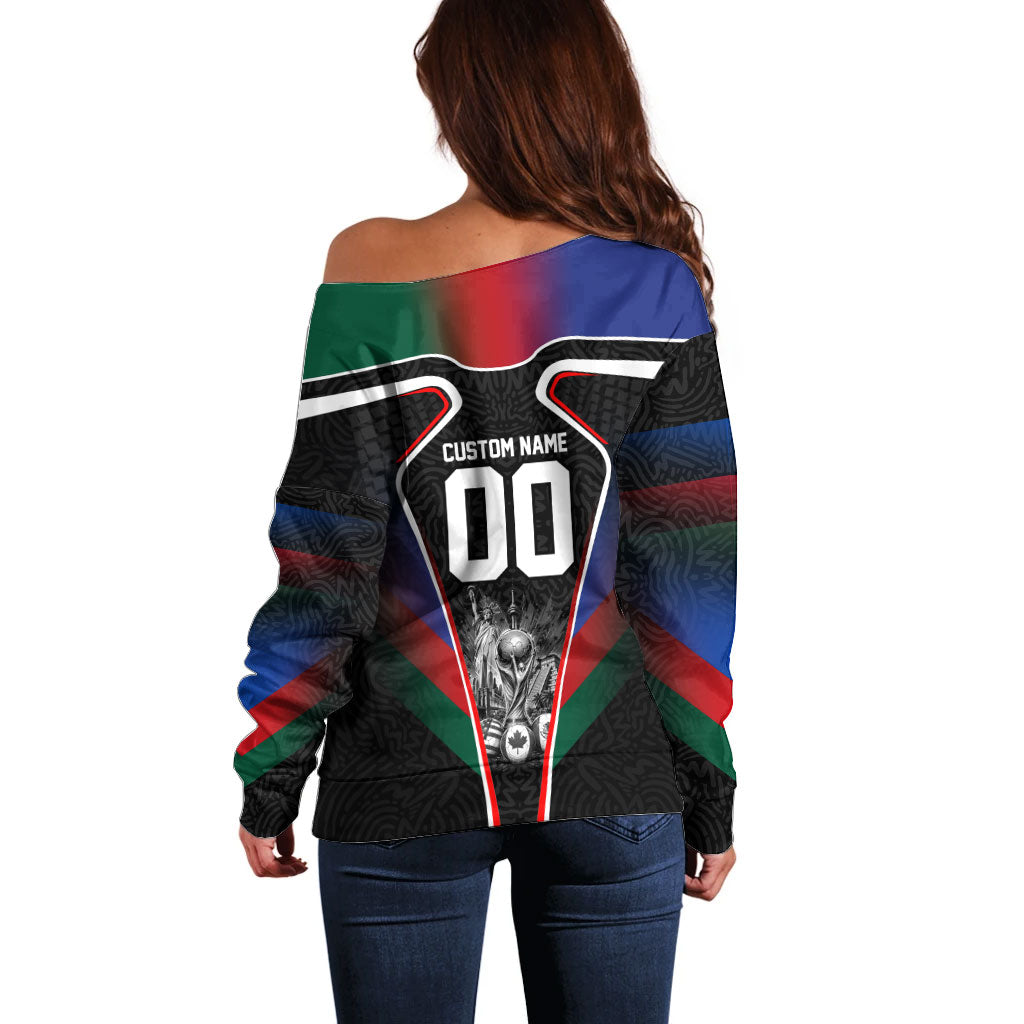 Personalized World Football 2026 Host Nations Off Shoulder Sweater USA Canada Mexico Soccer Trophy