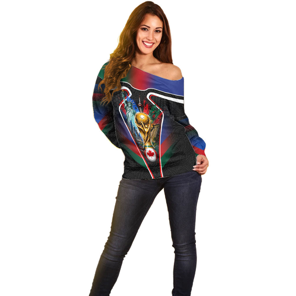 Personalized World Football 2026 Host Nations Off Shoulder Sweater USA Canada Mexico Soccer Trophy