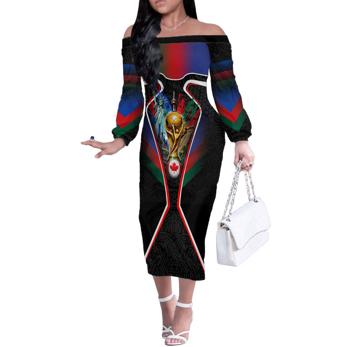 Personalized World Football 2026 Host Nations Off The Shoulder Long Sleeve Dress USA Canada Mexico Soccer Trophy