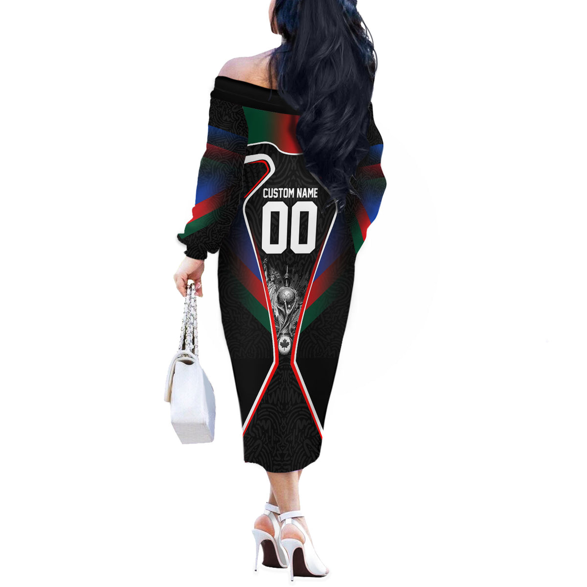 Personalized World Football 2026 Host Nations Off The Shoulder Long Sleeve Dress USA Canada Mexico Soccer Trophy