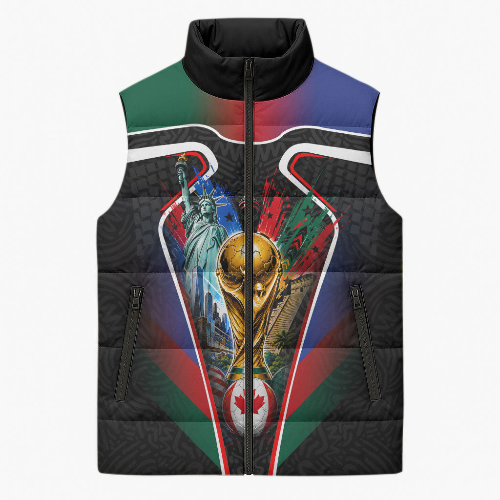 Personalized World Football 2026 Host Nations Sleeveless Puffer Jacket USA Canada Mexico Soccer Trophy