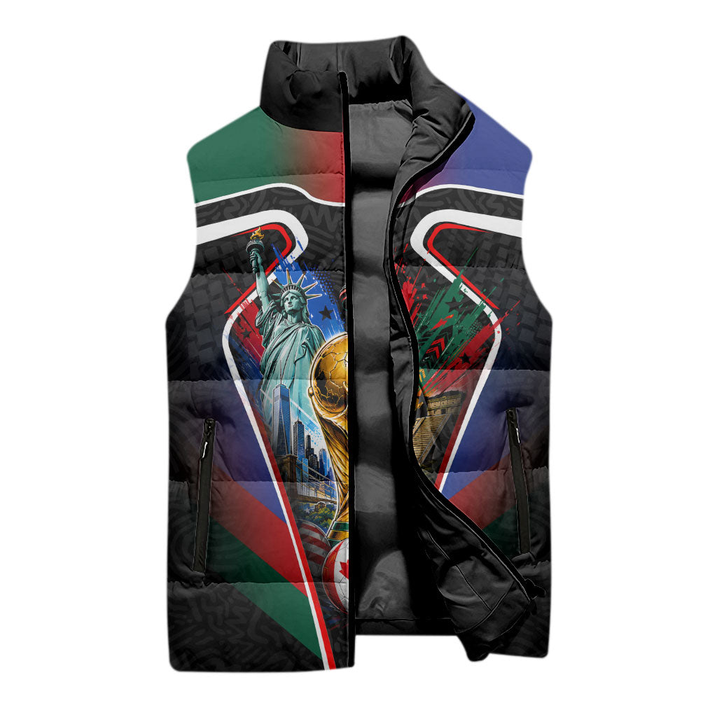 Personalized World Football 2026 Host Nations Sleeveless Puffer Jacket USA Canada Mexico Soccer Trophy