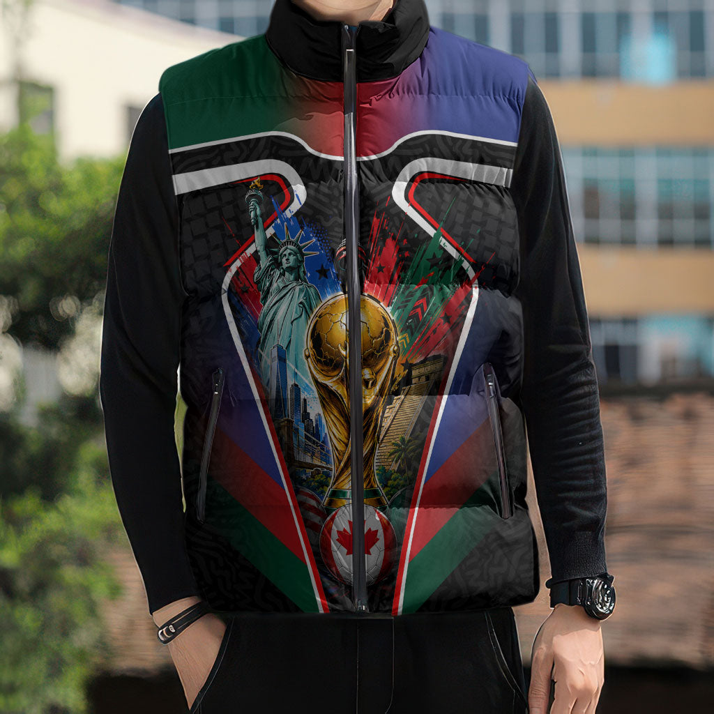 Personalized World Football 2026 Host Nations Sleeveless Puffer Jacket USA Canada Mexico Soccer Trophy