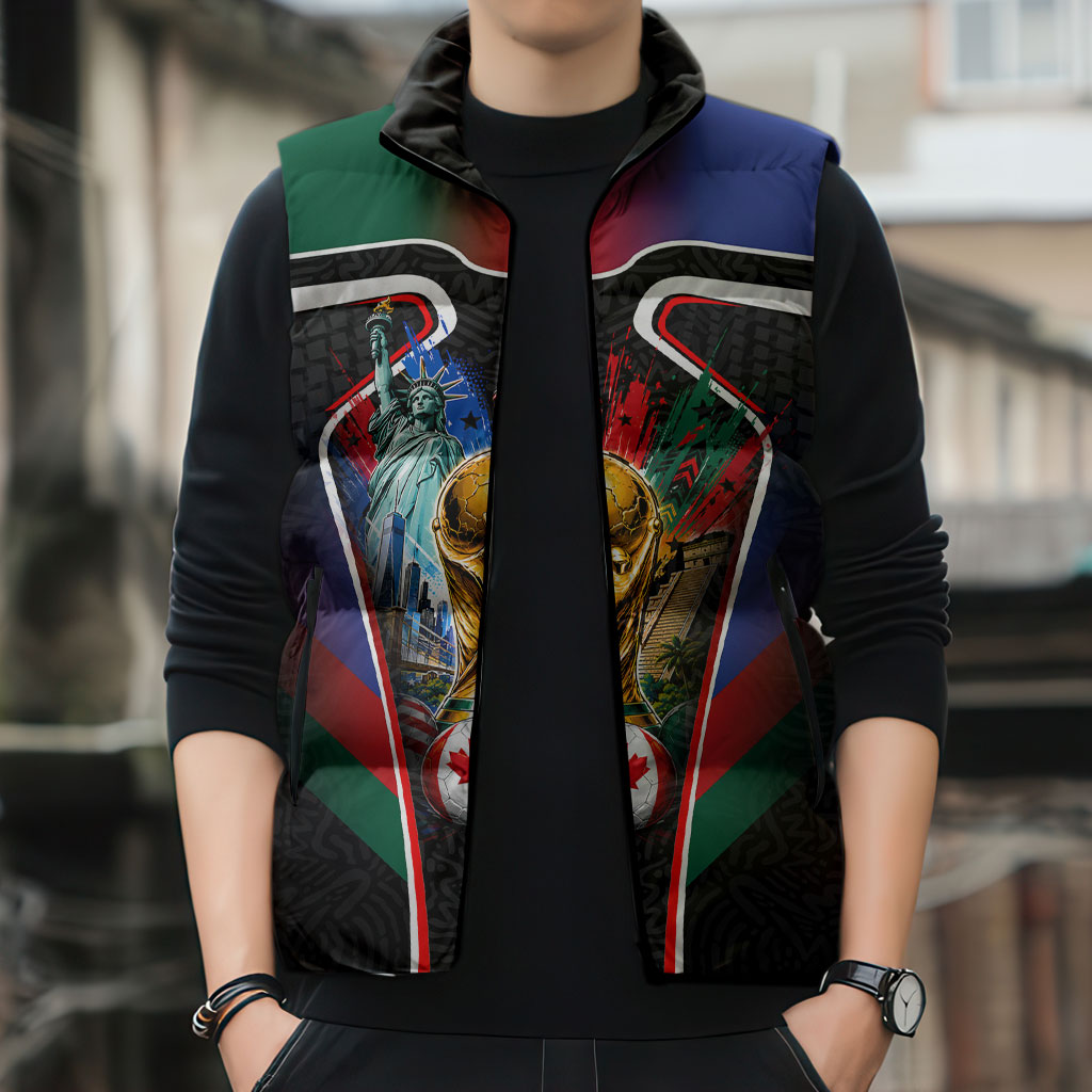 Personalized World Football 2026 Host Nations Sleeveless Puffer Jacket USA Canada Mexico Soccer Trophy