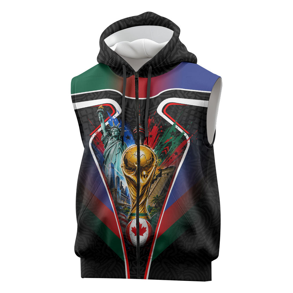 Personalized World Football 2026 Host Nations Sleeveless Zip Hoodie USA Canada Mexico Soccer Trophy