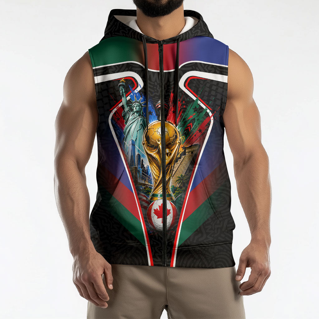 Personalized World Football 2026 Host Nations Sleeveless Zip Hoodie USA Canada Mexico Soccer Trophy