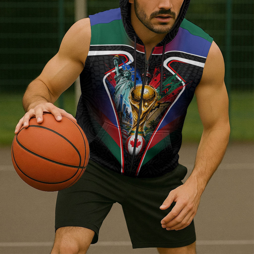 Personalized World Football 2026 Host Nations Sleeveless Zip Hoodie USA Canada Mexico Soccer Trophy