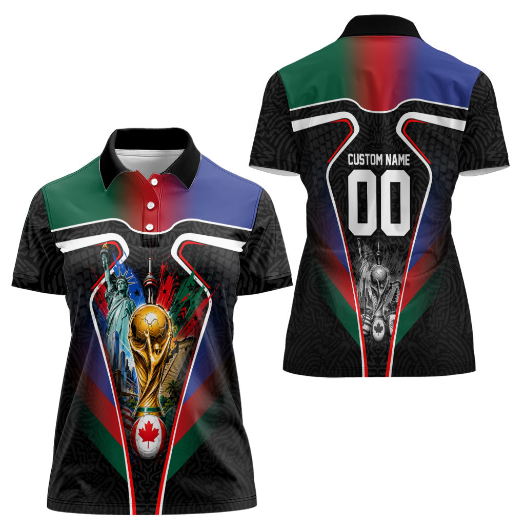 Personalized World Football 2026 Host Nations Women Polo Shirt USA Canada Mexico Soccer Trophy
