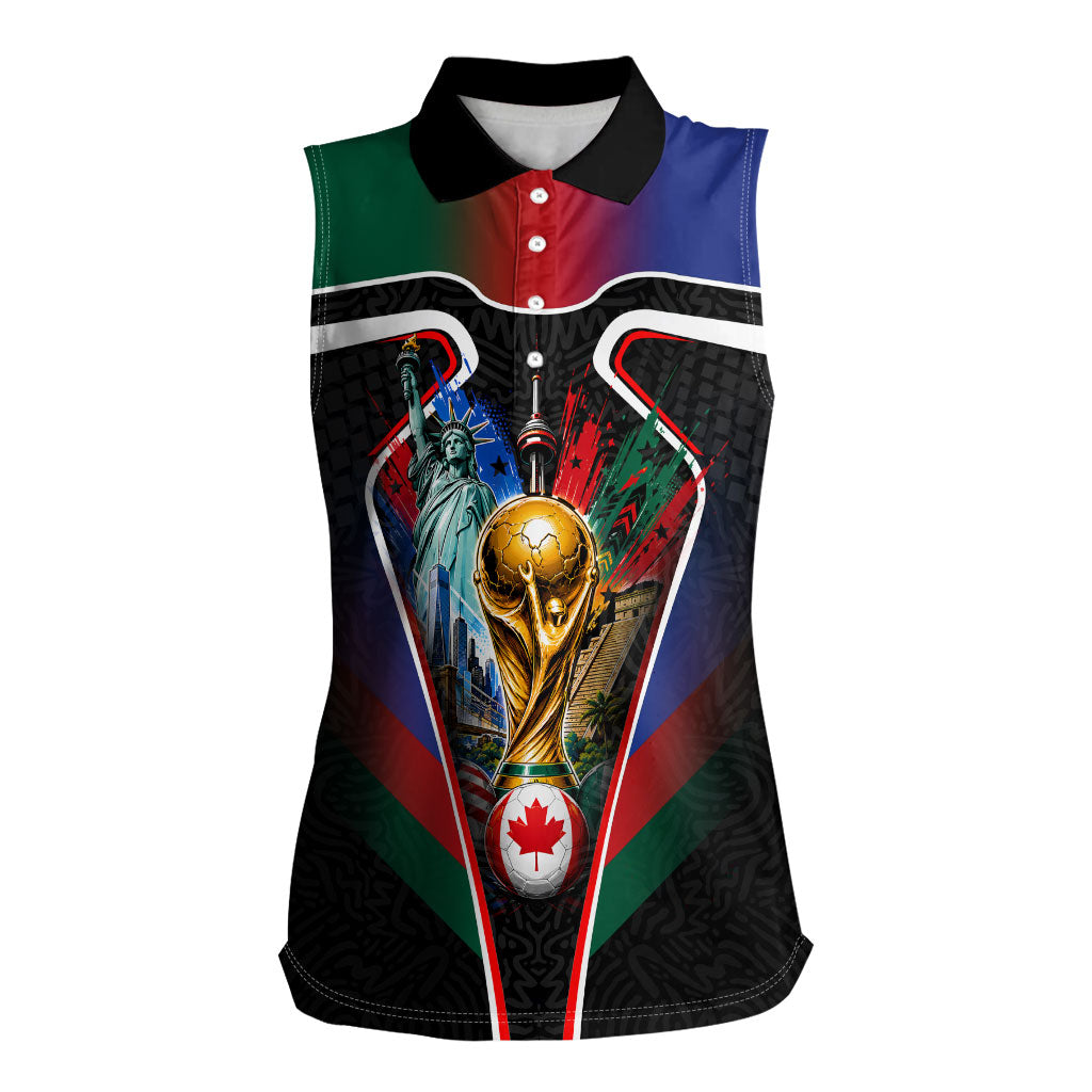 Personalized World Football 2026 Host Nations Women Sleeveless Polo Shirt USA Canada Mexico Soccer Trophy