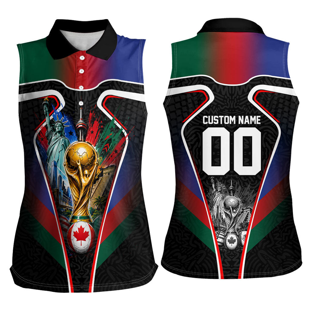 Personalized World Football 2026 Host Nations Women Sleeveless Polo Shirt USA Canada Mexico Soccer Trophy