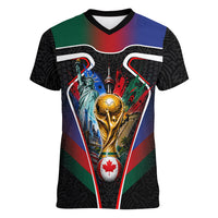 Personalized World Football 2026 Host Nations Women V-Neck T-Shirt USA Canada Mexico Soccer Trophy