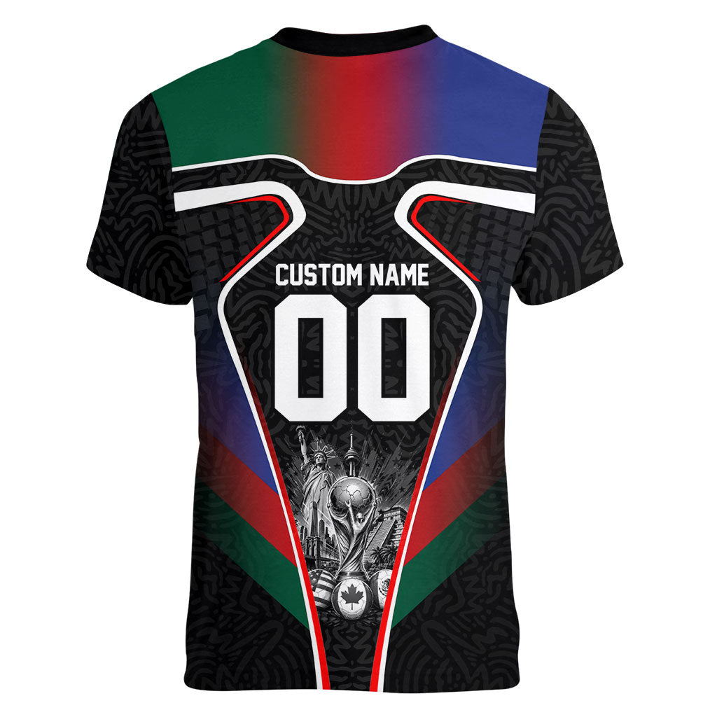 Personalized World Football 2026 Host Nations Women V-Neck T-Shirt USA Canada Mexico Soccer Trophy