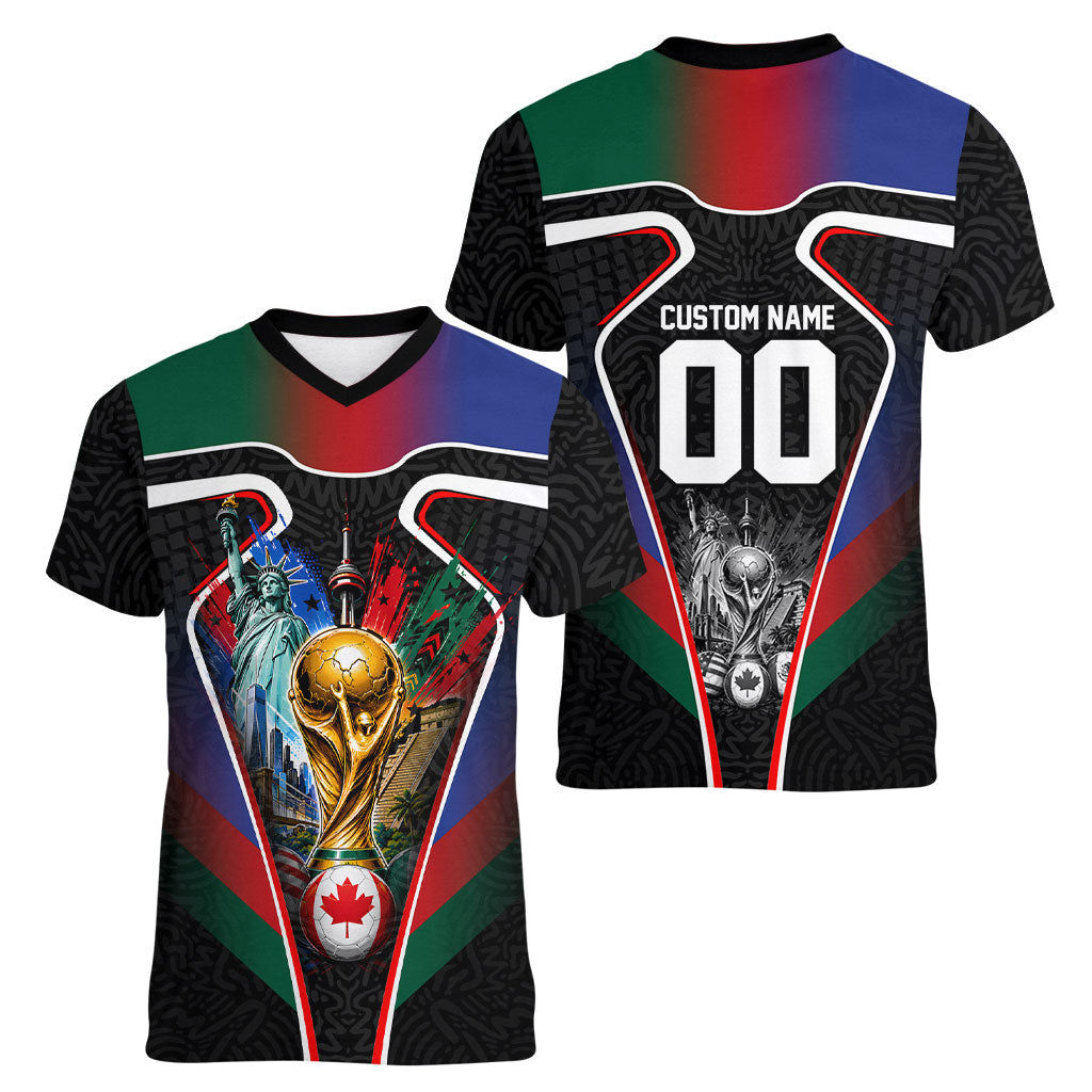 Personalized World Football 2026 Host Nations Women V-Neck T-Shirt USA Canada Mexico Soccer Trophy
