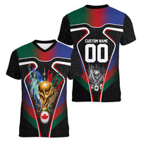Personalized World Football 2026 Host Nations Women V-Neck T-Shirt USA Canada Mexico Soccer Trophy