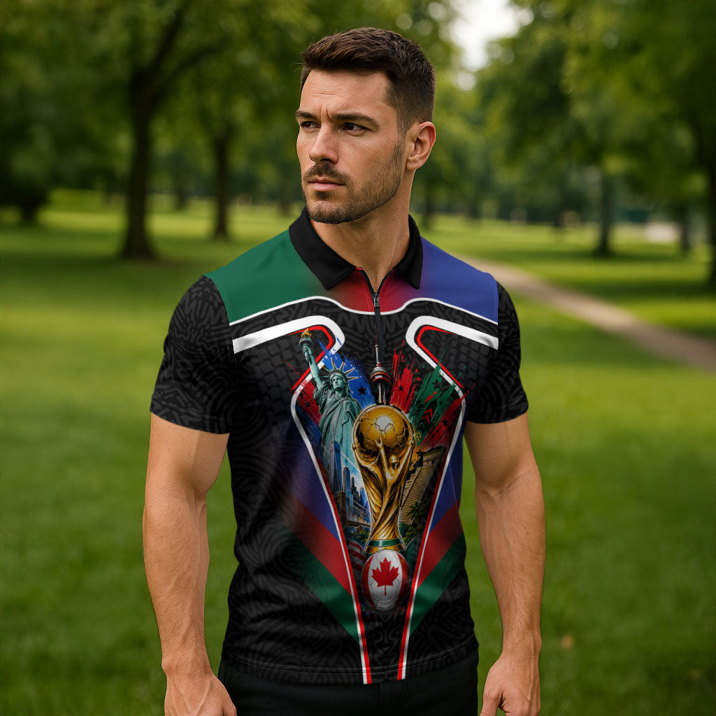 Personalized World Football 2026 Host Nations Zipper Polo Shirt USA Canada Mexico Soccer Trophy