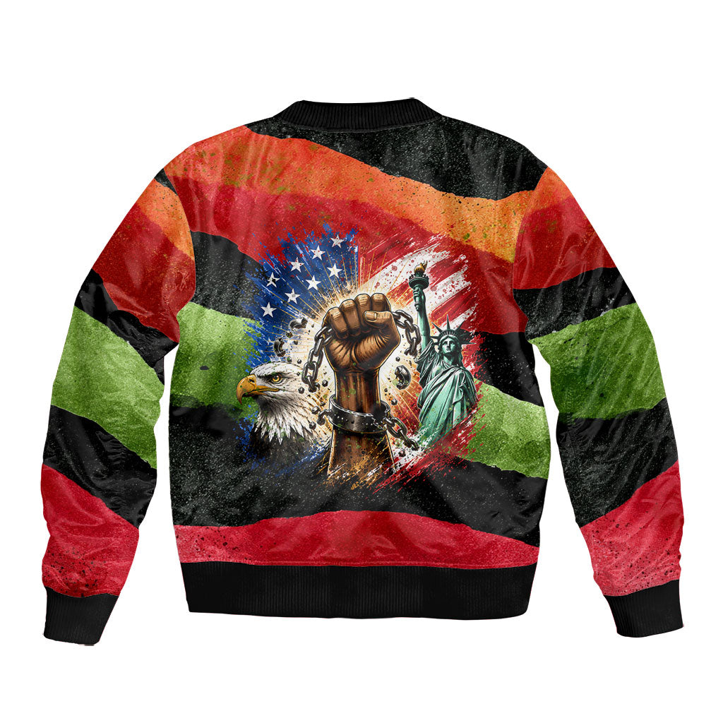 Happy 250th You Still Owe Us Black Pride Bomber Jacket Pan African Flag Broken Chains - Statue Of Liberty