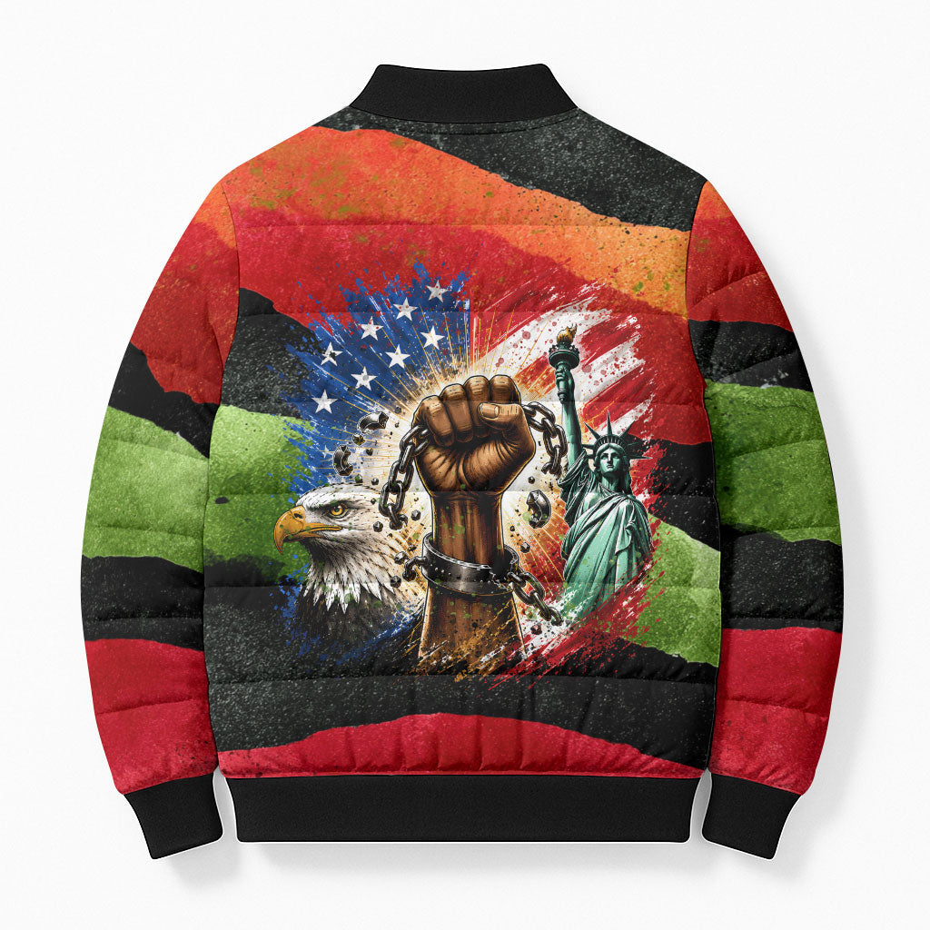 Happy 250th You Still Owe Us Black Pride Bomber Puffer Jacket Pan African Flag Broken Chains - Statue Of Liberty