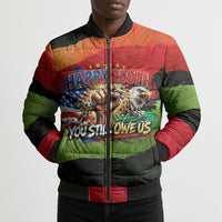 Happy 250th You Still Owe Us Black Pride Bomber Puffer Jacket Pan African Flag Broken Chains - Statue Of Liberty