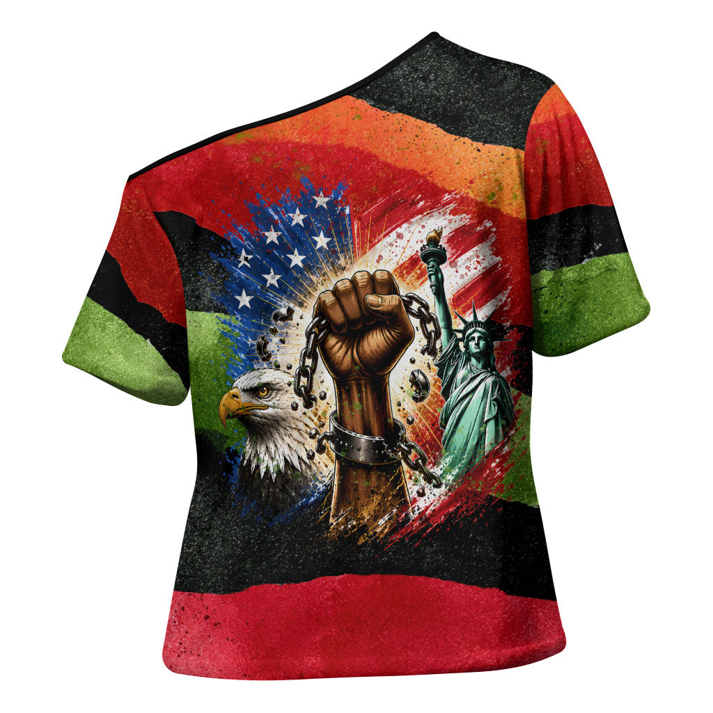 Happy 250th You Still Owe Us Black Pride Cross Shoulder Shirt Pan African Flag Broken Chains - Statue Of Liberty