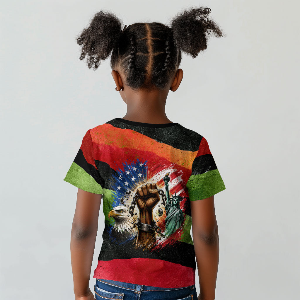 Happy 250th You Still Owe Us Black Pride Kid T shirt Pan African Flag Broken Chains - Statue Of Liberty