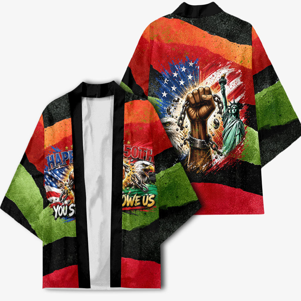 Happy 250th You Still Owe Us Black Pride Kimono Pan African Flag Broken Chains - Statue Of Liberty