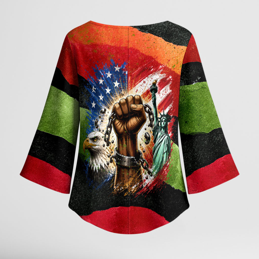 Happy 250th You Still Owe Us Black Pride Kimono Sleeve Blouse Pan African Flag Broken Chains - Statue Of Liberty