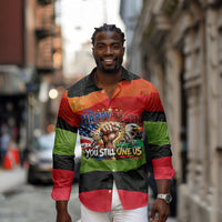 Happy 250th You Still Owe Us Black Pride Long Sleeve Button Shirt Pan African Flag Broken Chains - Statue Of Liberty