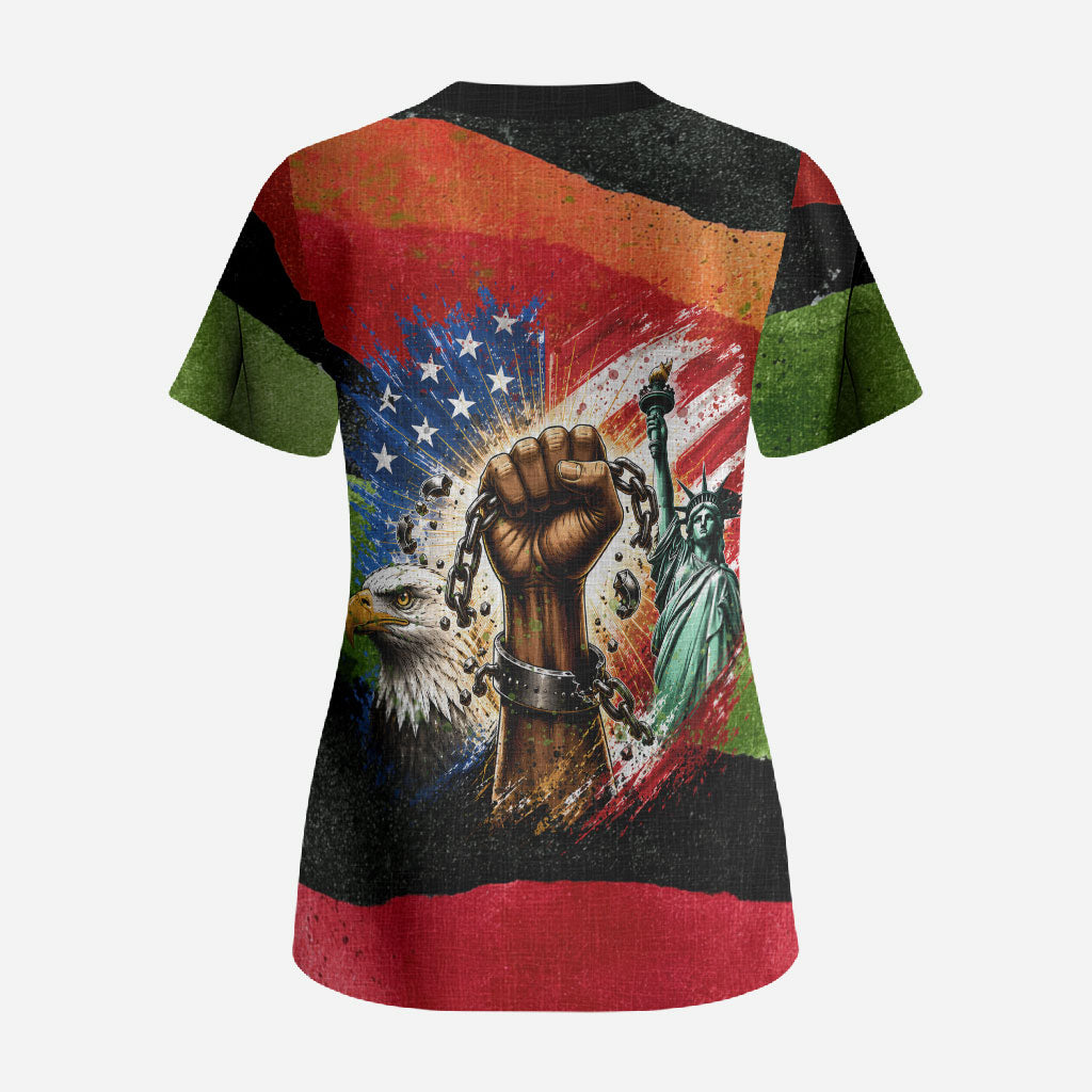 Happy 250th You Still Owe Us Black Pride Scrub Top Pan African Flag Broken Chains - Statue Of Liberty