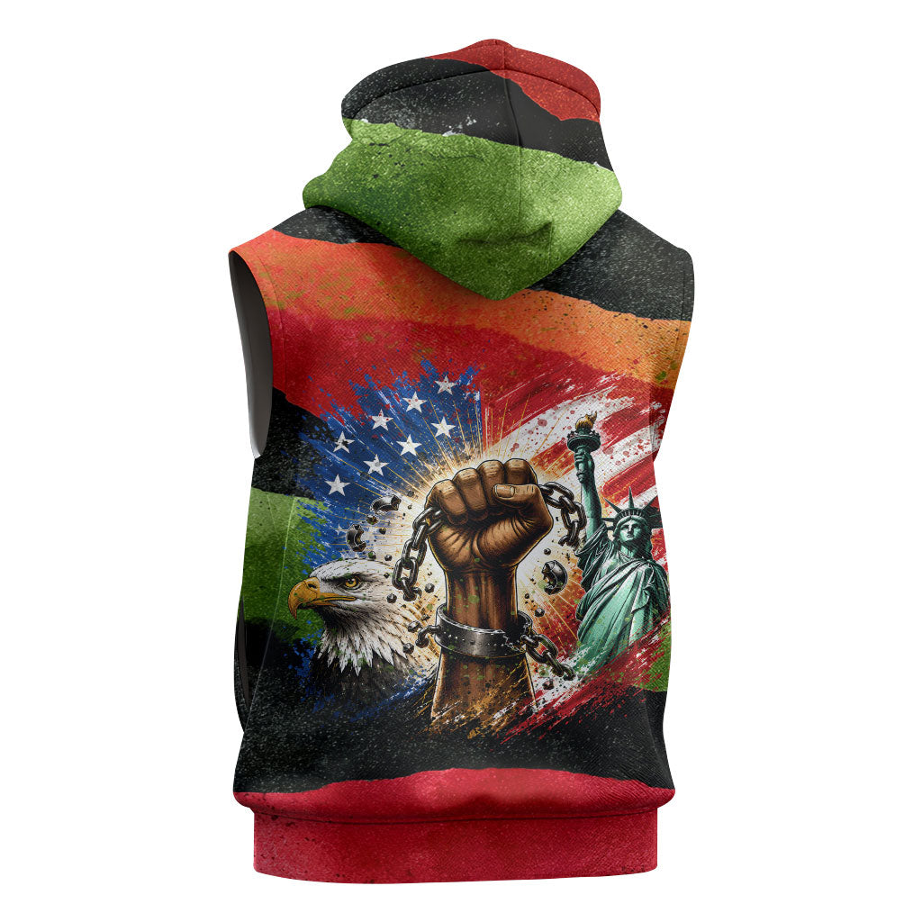 Happy 250th You Still Owe Us Black Pride Sleeveless Hoodie Pan African Flag Broken Chains - Statue Of Liberty