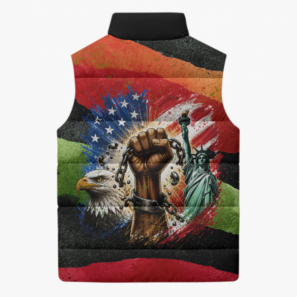 Happy 250th You Still Owe Us Black Pride Sleeveless Puffer Jacket Pan African Flag Broken Chains - Statue Of Liberty