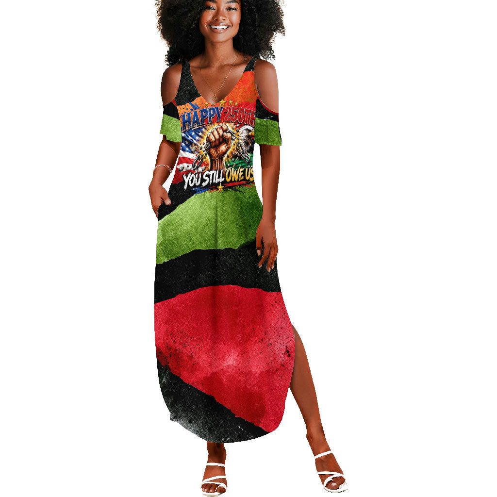 Happy 250th You Still Owe Us Black Pride Summer Maxi Dress Pan African Flag Broken Chains - Statue Of Liberty
