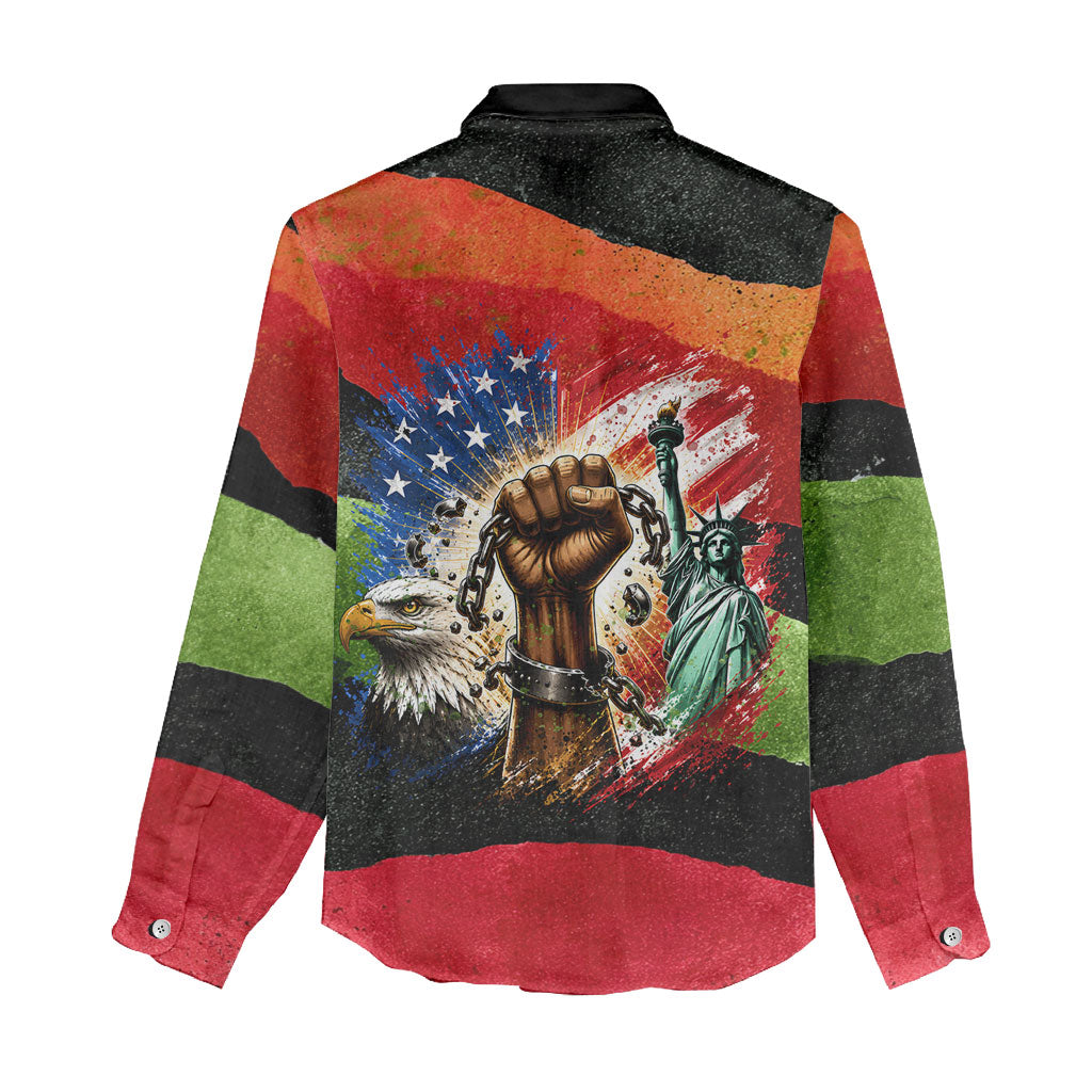 Happy 250th You Still Owe Us Black Pride Women Casual Shirt Pan African Flag Broken Chains - Statue Of Liberty