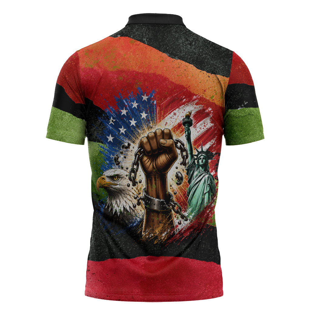 Happy 250th You Still Owe Us Black Pride Zipper Polo Shirt Pan African Flag Broken Chains - Statue Of Liberty