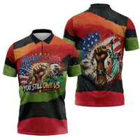 Happy 250th You Still Owe Us Black Pride Zipper Polo Shirt Pan African Flag Broken Chains - Statue Of Liberty