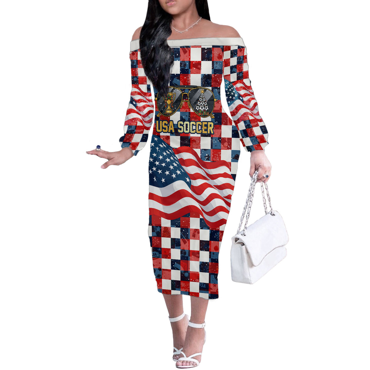 USA Soccer Summer Christmas In July Off The Shoulder Long Sleeve Dress Summer Santa World Football 2026