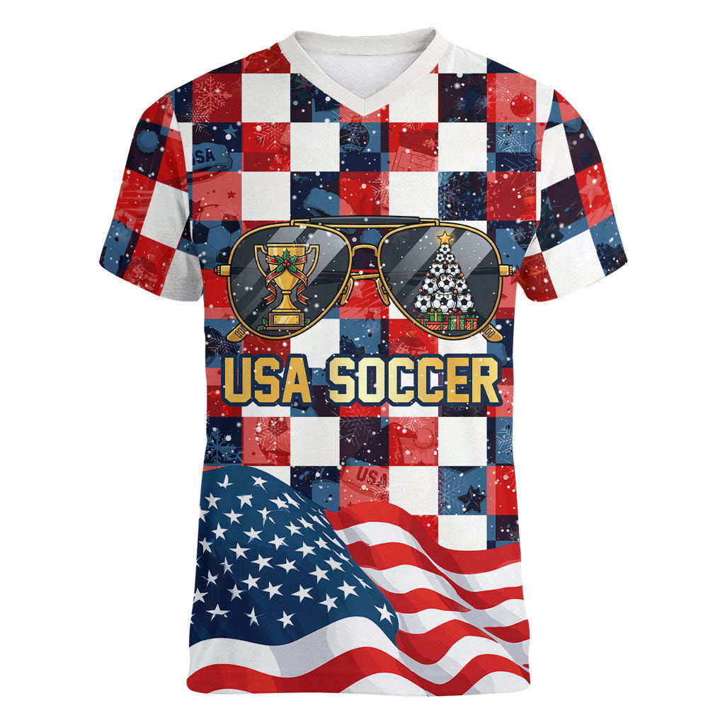 USA Soccer Summer Christmas In July Women V-Neck T-Shirt Summer Santa World Football 2026