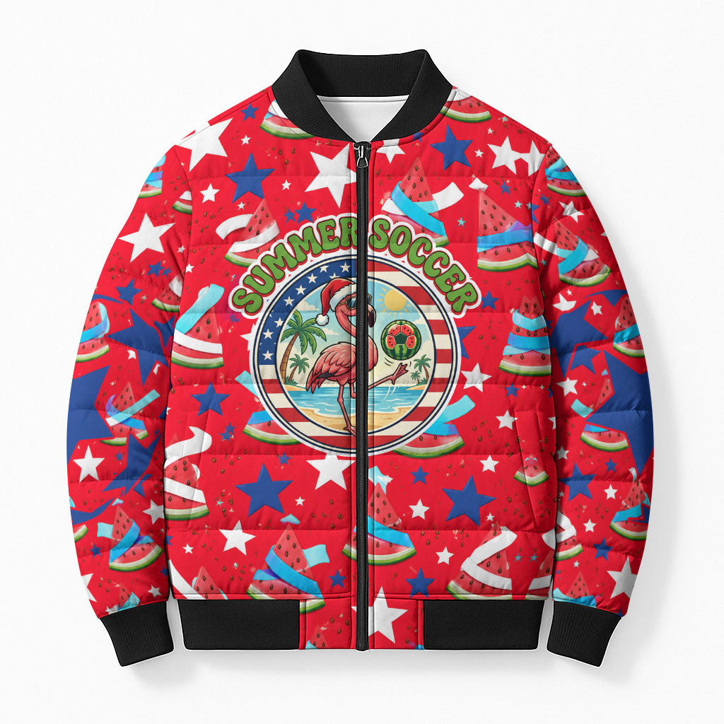 Christmas In July USA Soccer Bomber Puffer Jacket Surfing Santa Flamingo Summer Watermelon