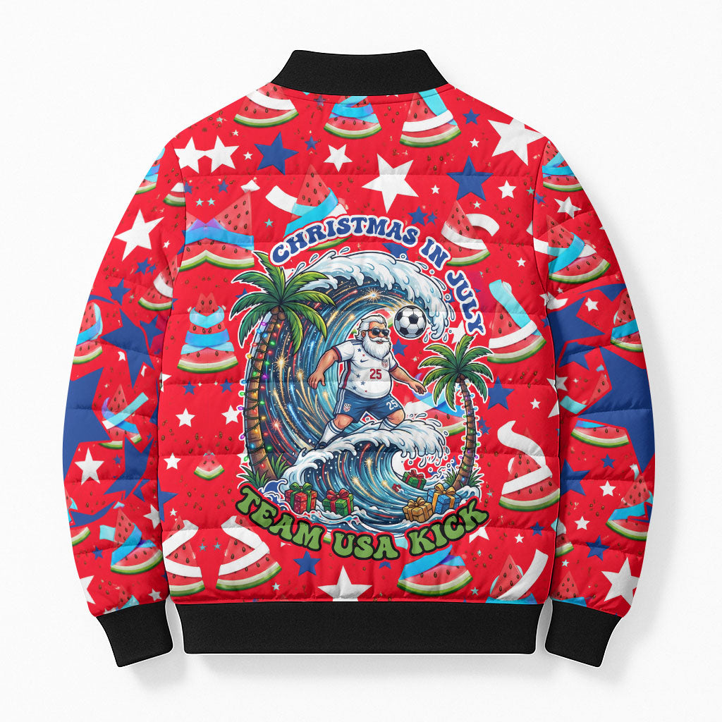 Christmas In July USA Soccer Bomber Puffer Jacket Surfing Santa Flamingo Summer Watermelon